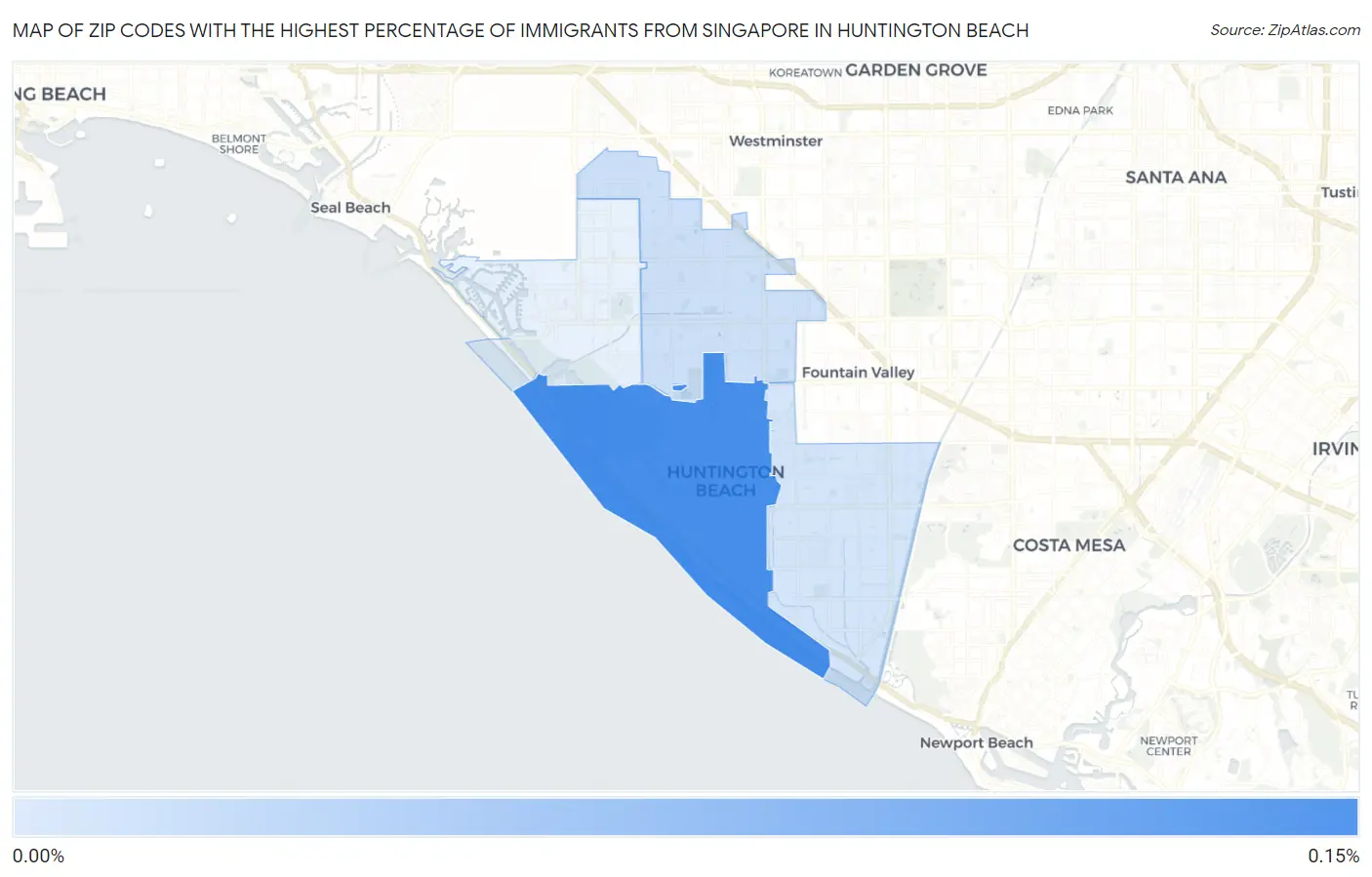 Zip Codes with the Highest Percentage of Immigrants from Singapore in Huntington Beach Map