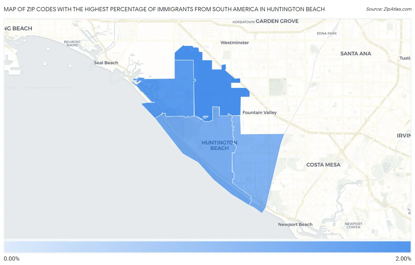 Zip Codes with the Highest Percentage of Immigrants from South America in Huntington Beach Map