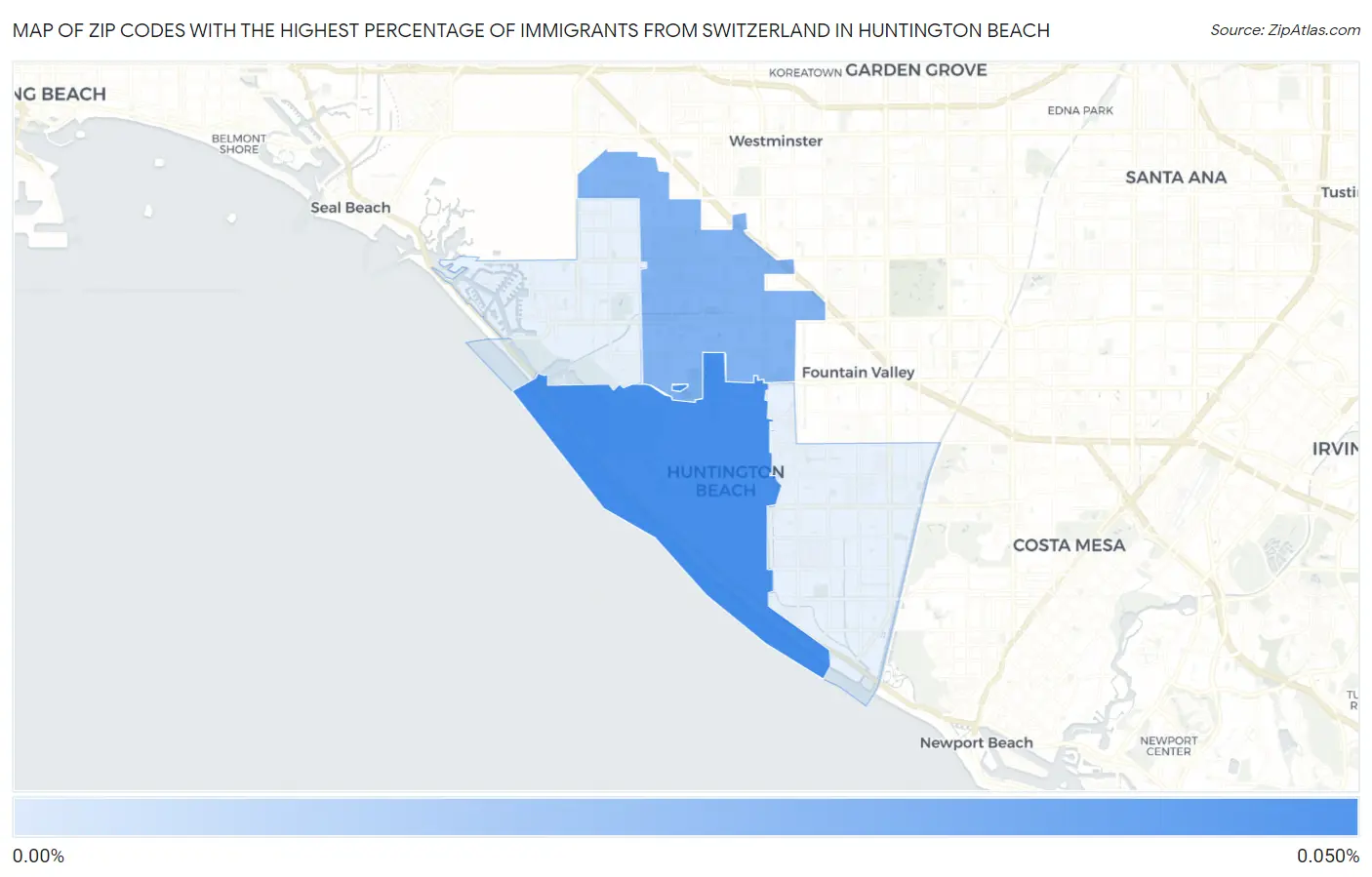 Zip Codes with the Highest Percentage of Immigrants from Switzerland in Huntington Beach Map