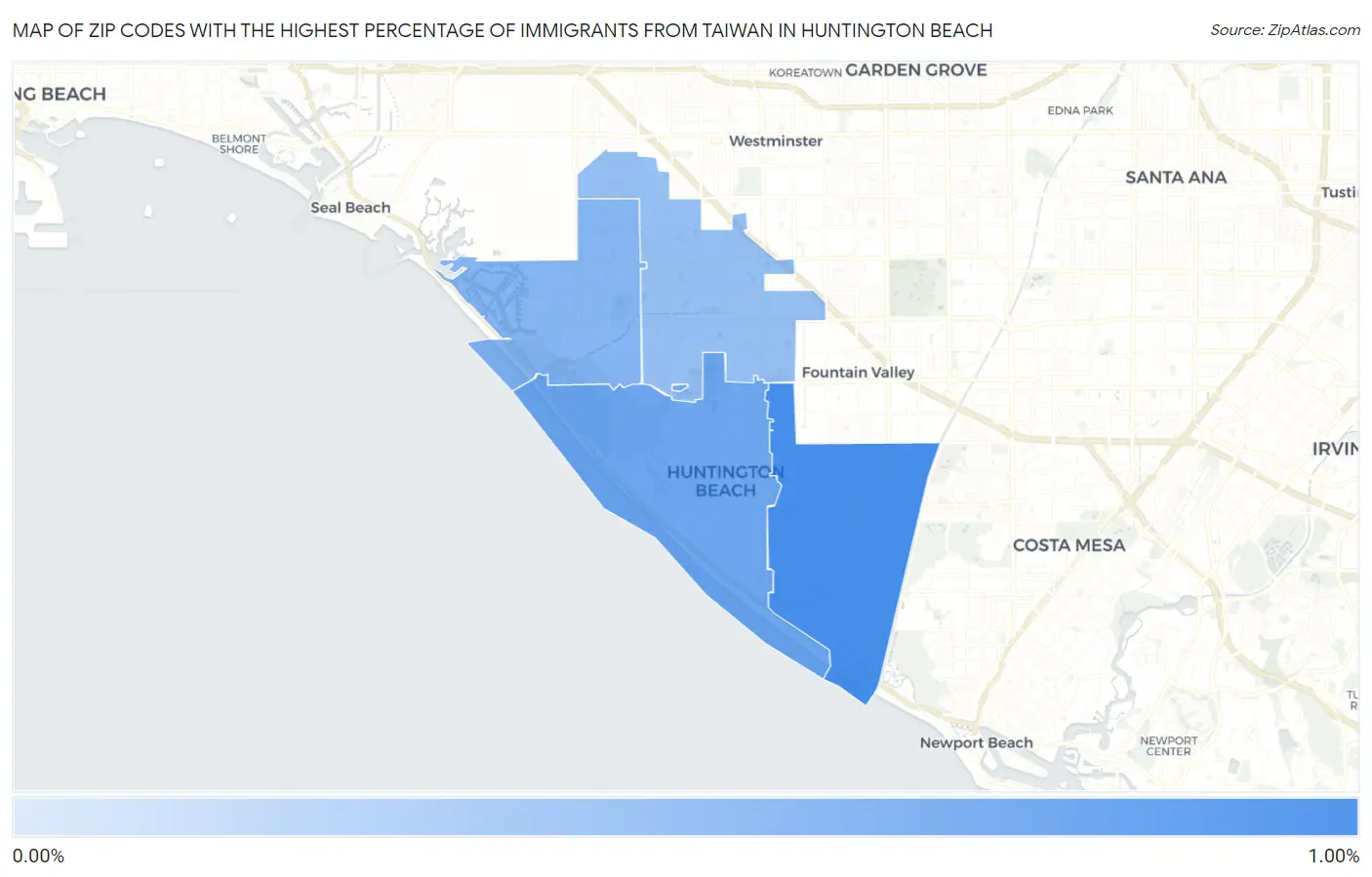 Zip Codes with the Highest Percentage of Immigrants from Taiwan in Huntington Beach Map