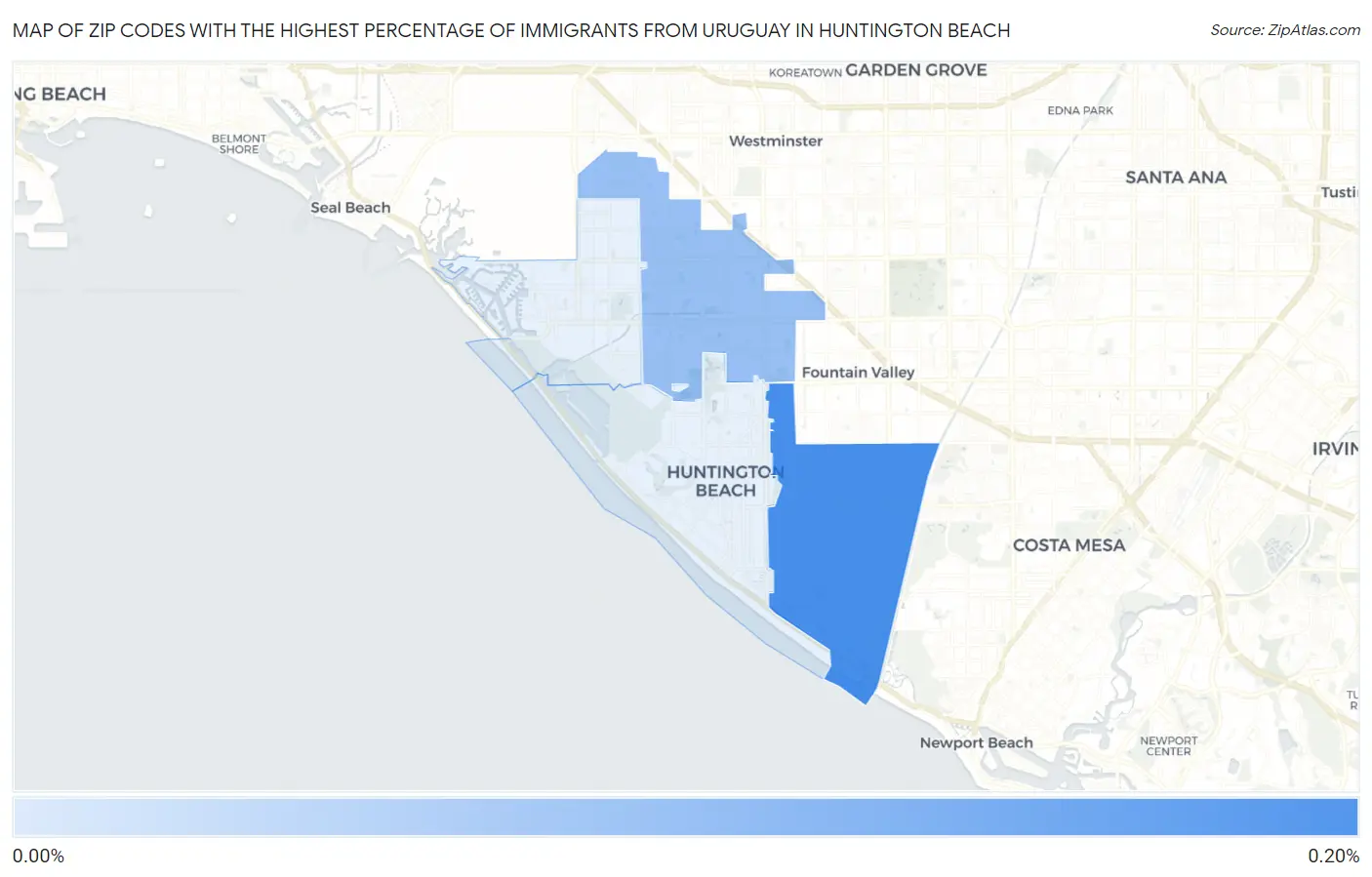 Zip Codes with the Highest Percentage of Immigrants from Uruguay in Huntington Beach Map