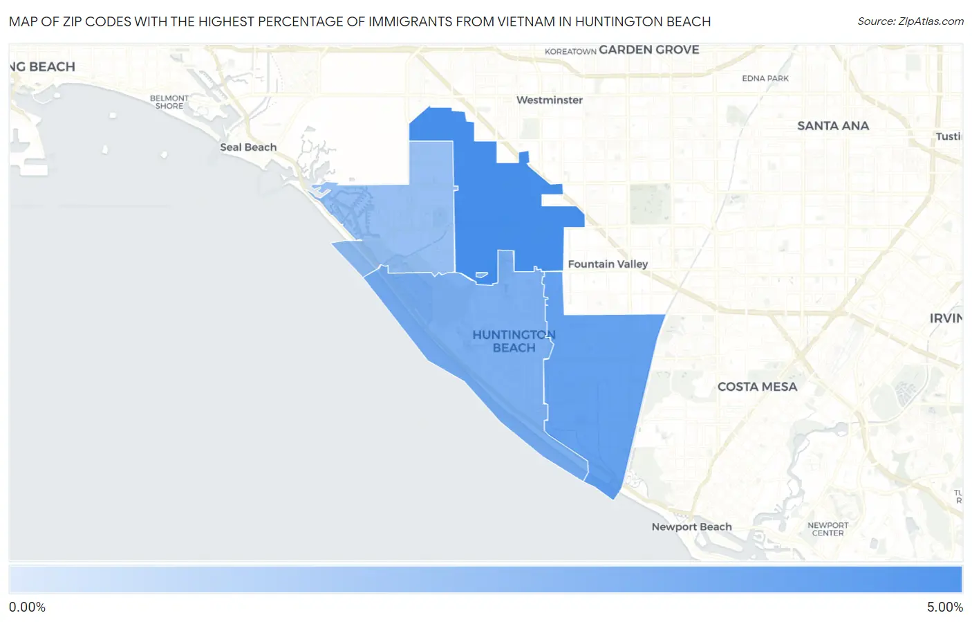 Zip Codes with the Highest Percentage of Immigrants from Vietnam in Huntington Beach Map
