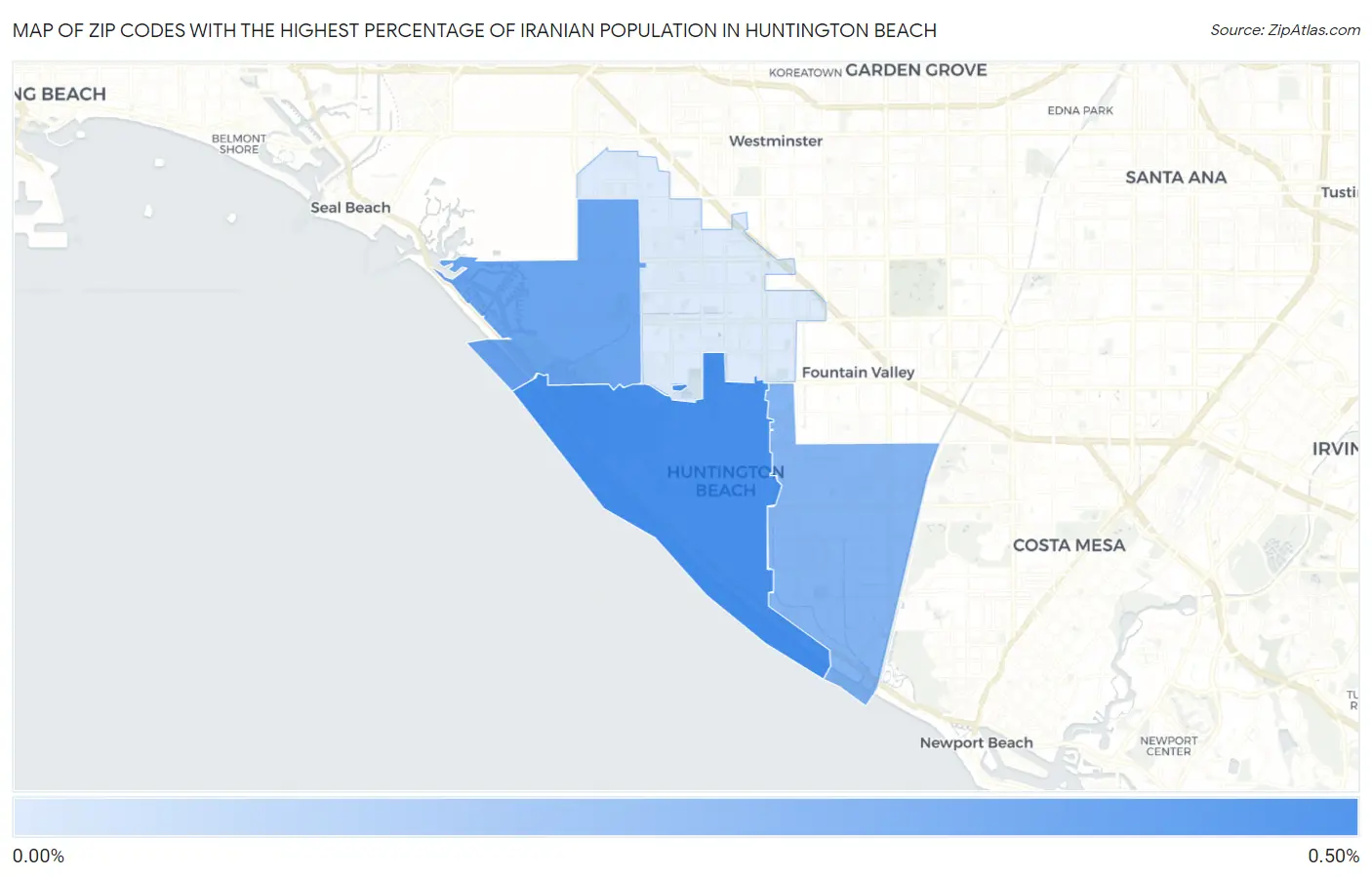 Zip Codes with the Highest Percentage of Iranian Population in Huntington Beach Map