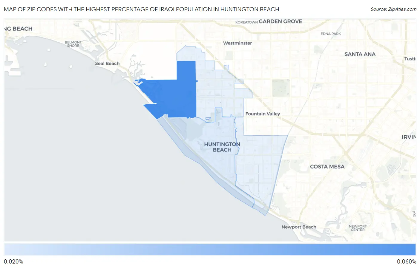 Zip Codes with the Highest Percentage of Iraqi Population in Huntington Beach Map