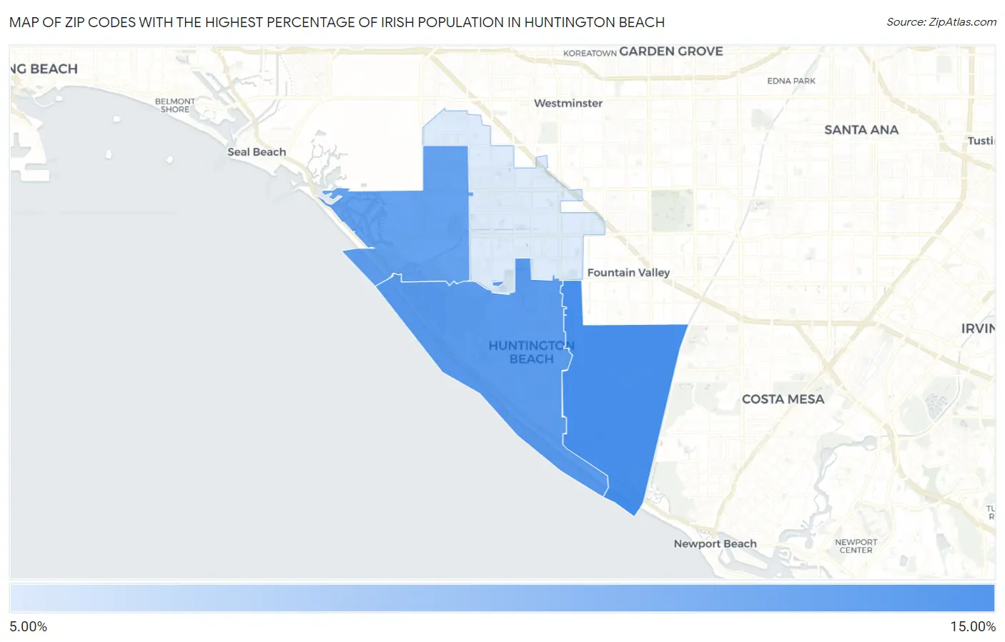 Zip Codes with the Highest Percentage of Irish Population in Huntington Beach Map