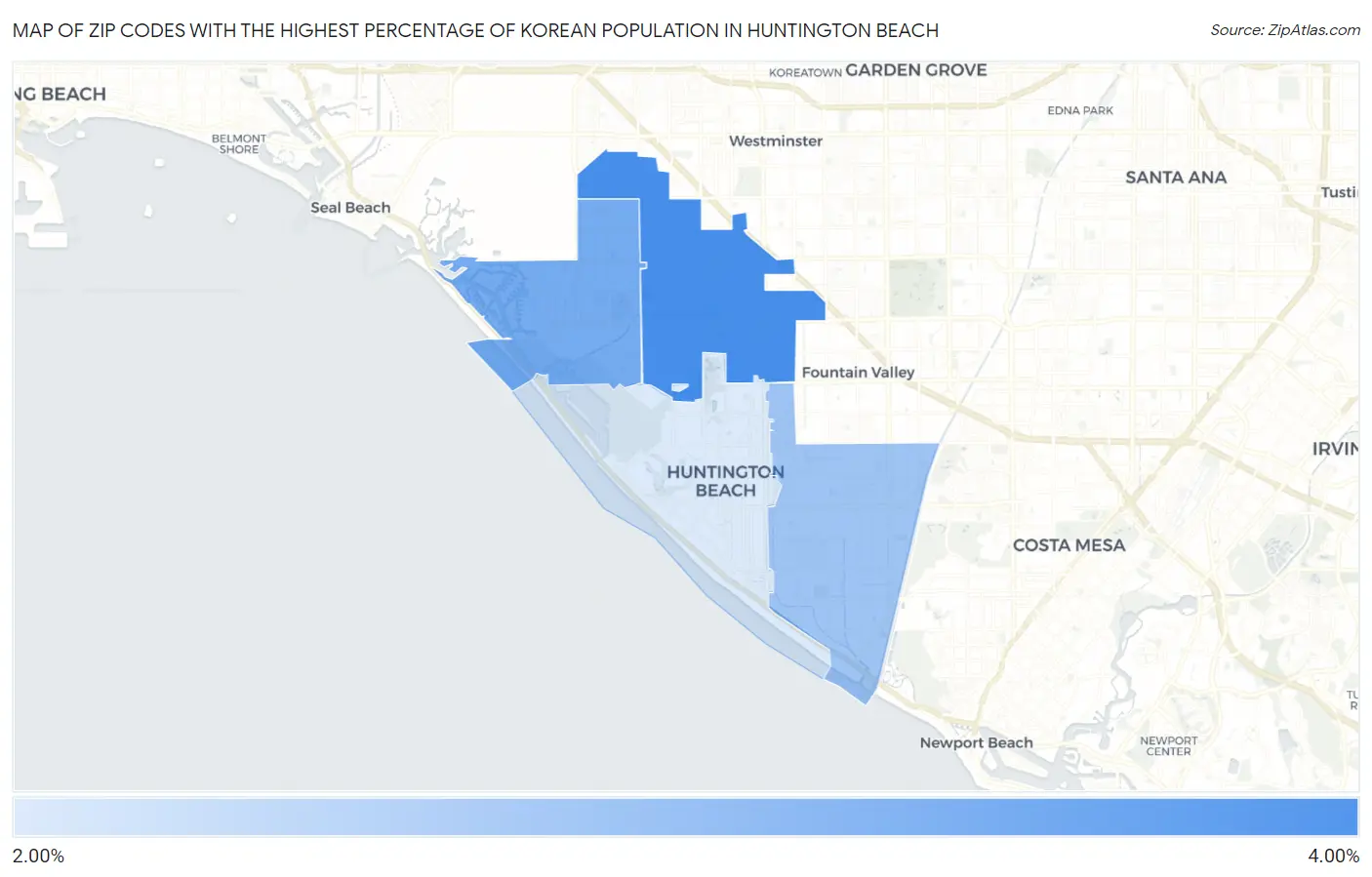 Zip Codes with the Highest Percentage of Korean Population in Huntington Beach Map