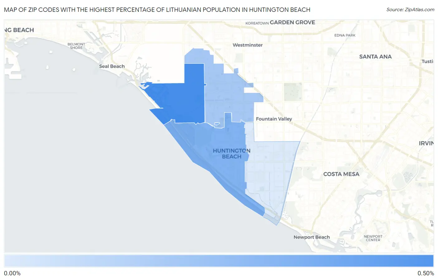 Zip Codes with the Highest Percentage of Lithuanian Population in Huntington Beach Map