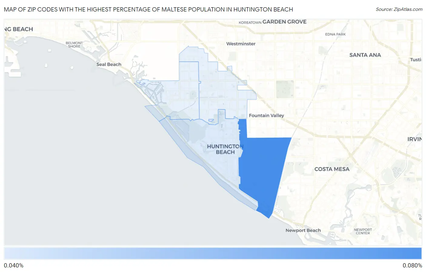 Zip Codes with the Highest Percentage of Maltese Population in Huntington Beach Map