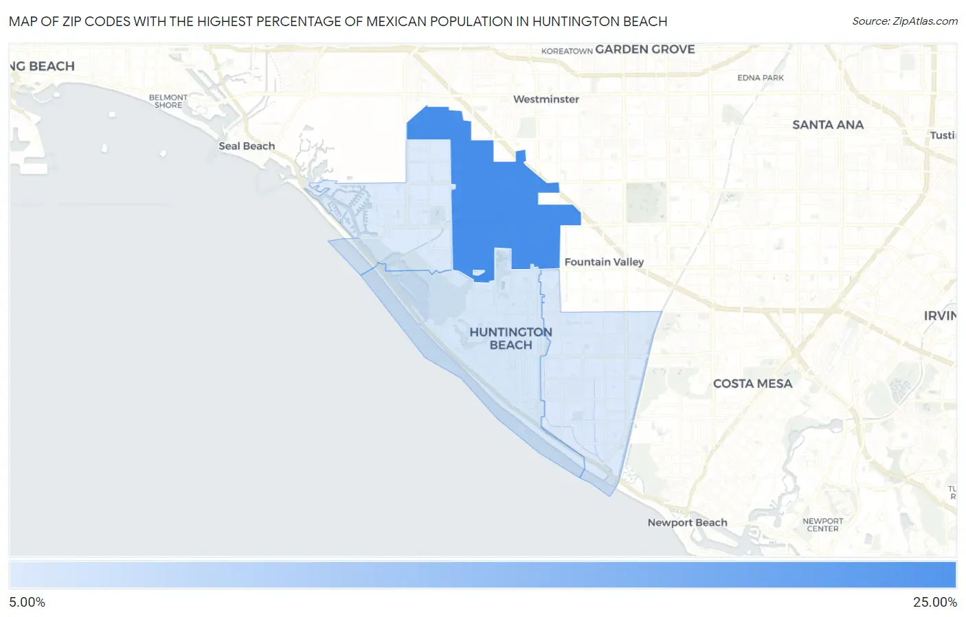 Zip Codes with the Highest Percentage of Mexican Population in Huntington Beach Map