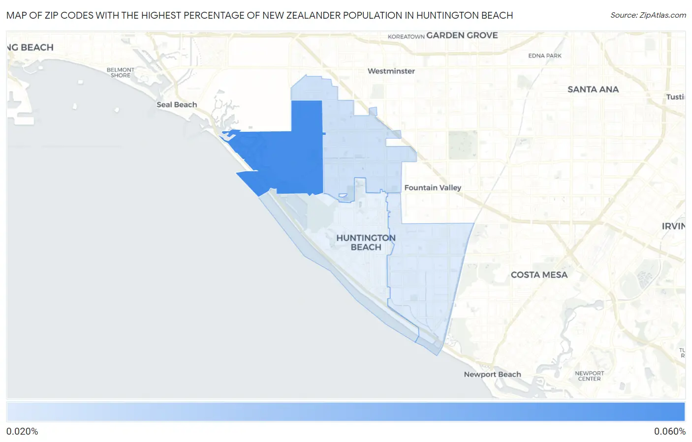 Zip Codes with the Highest Percentage of New Zealander Population in Huntington Beach Map