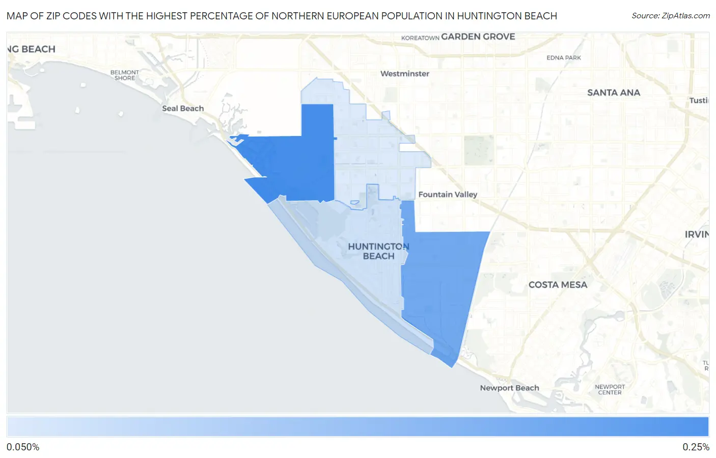 Zip Codes with the Highest Percentage of Northern European Population in Huntington Beach Map