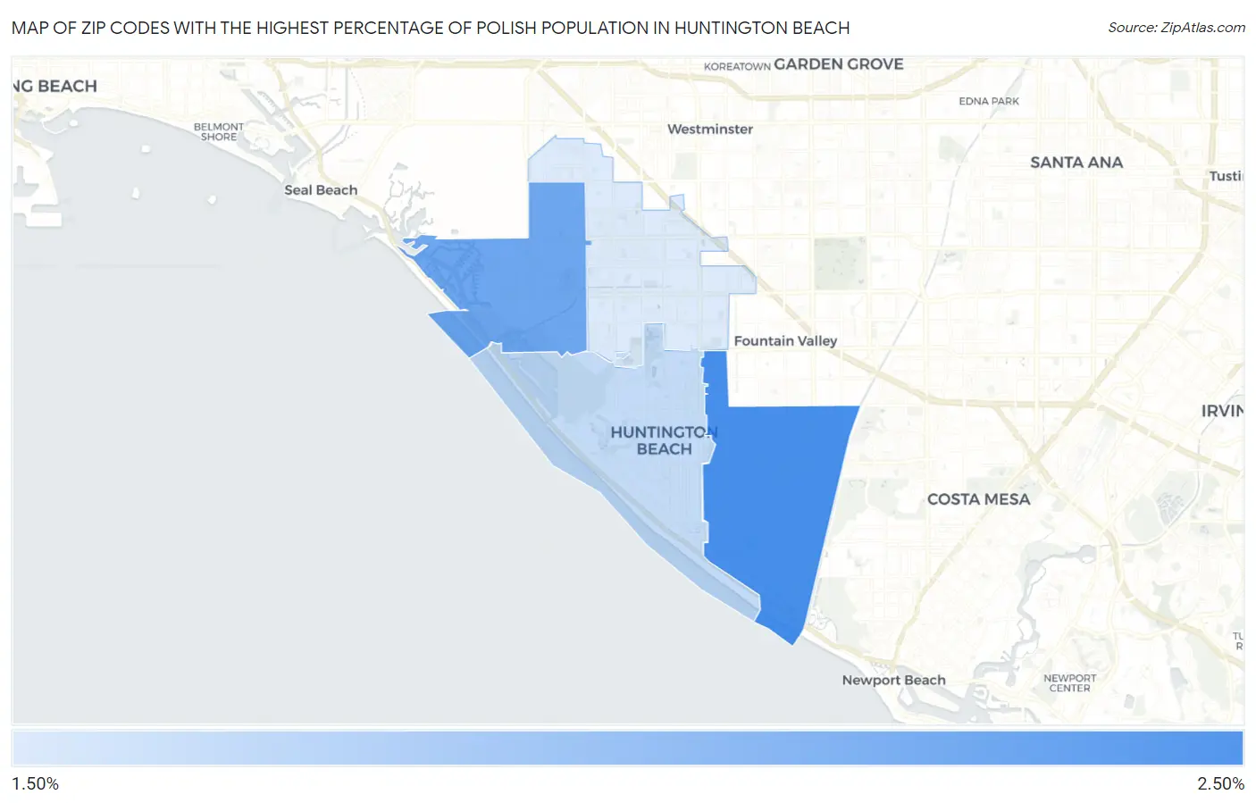 Zip Codes with the Highest Percentage of Polish Population in Huntington Beach Map