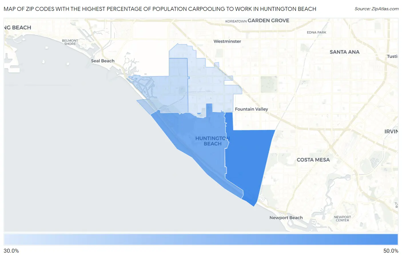 Zip Codes with the Highest Percentage of Population Carpooling to Work in Huntington Beach Map