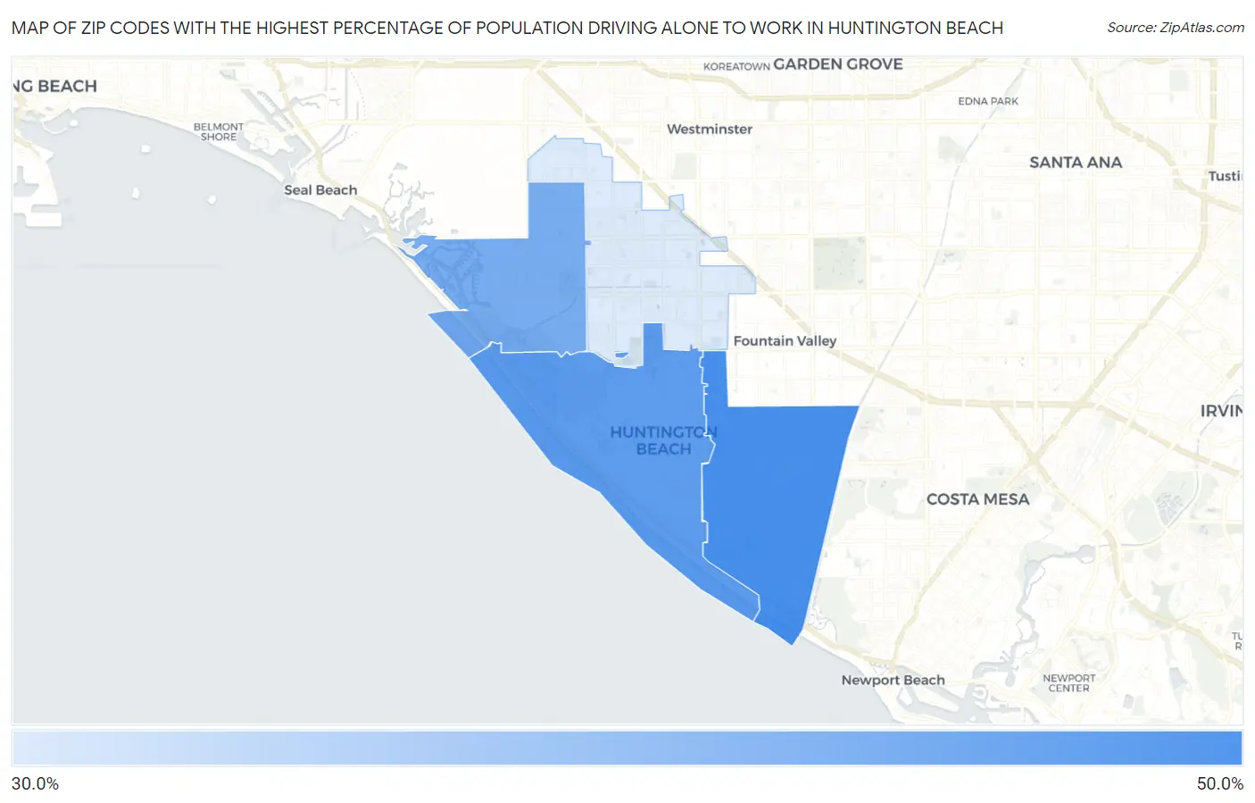 Zip Codes with the Highest Percentage of Population Driving Alone to Work in Huntington Beach Map