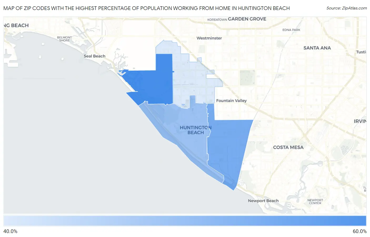Zip Codes with the Highest Percentage of Population Working from Home in Huntington Beach Map
