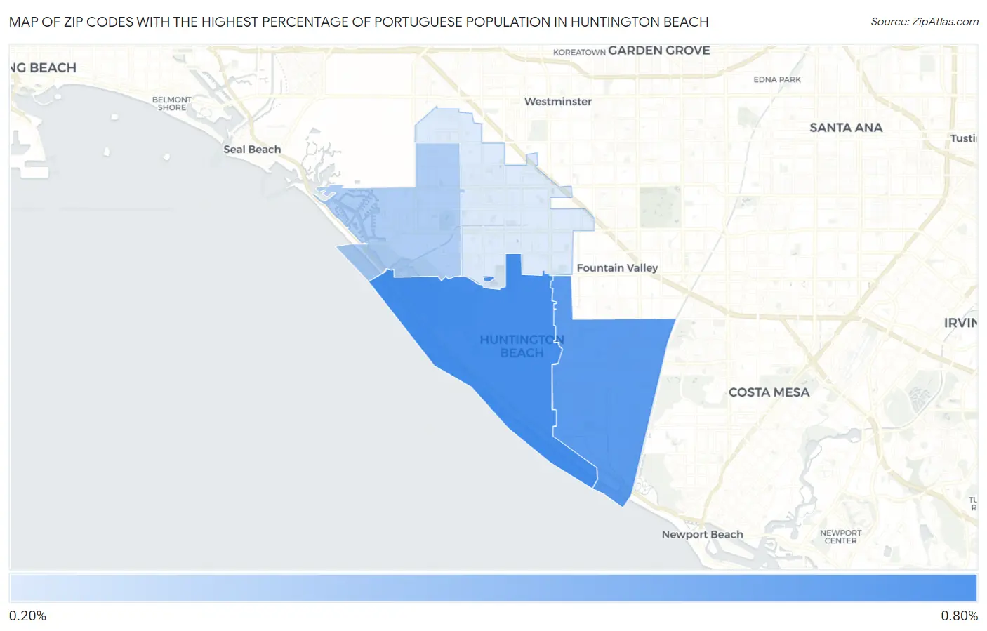 Zip Codes with the Highest Percentage of Portuguese Population in Huntington Beach Map