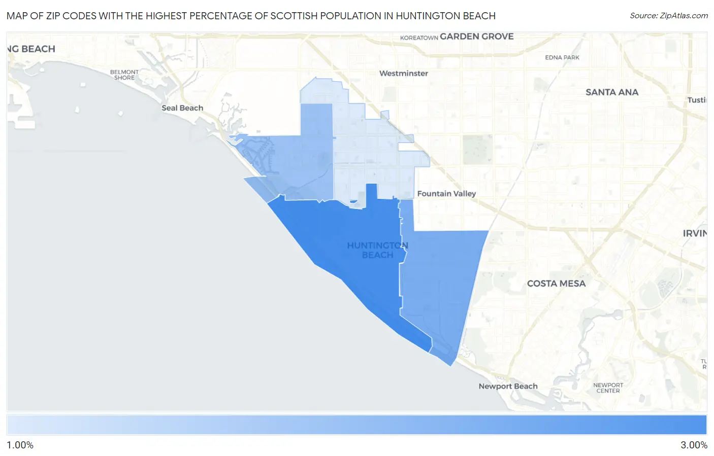 Zip Codes with the Highest Percentage of Scottish Population in Huntington Beach Map