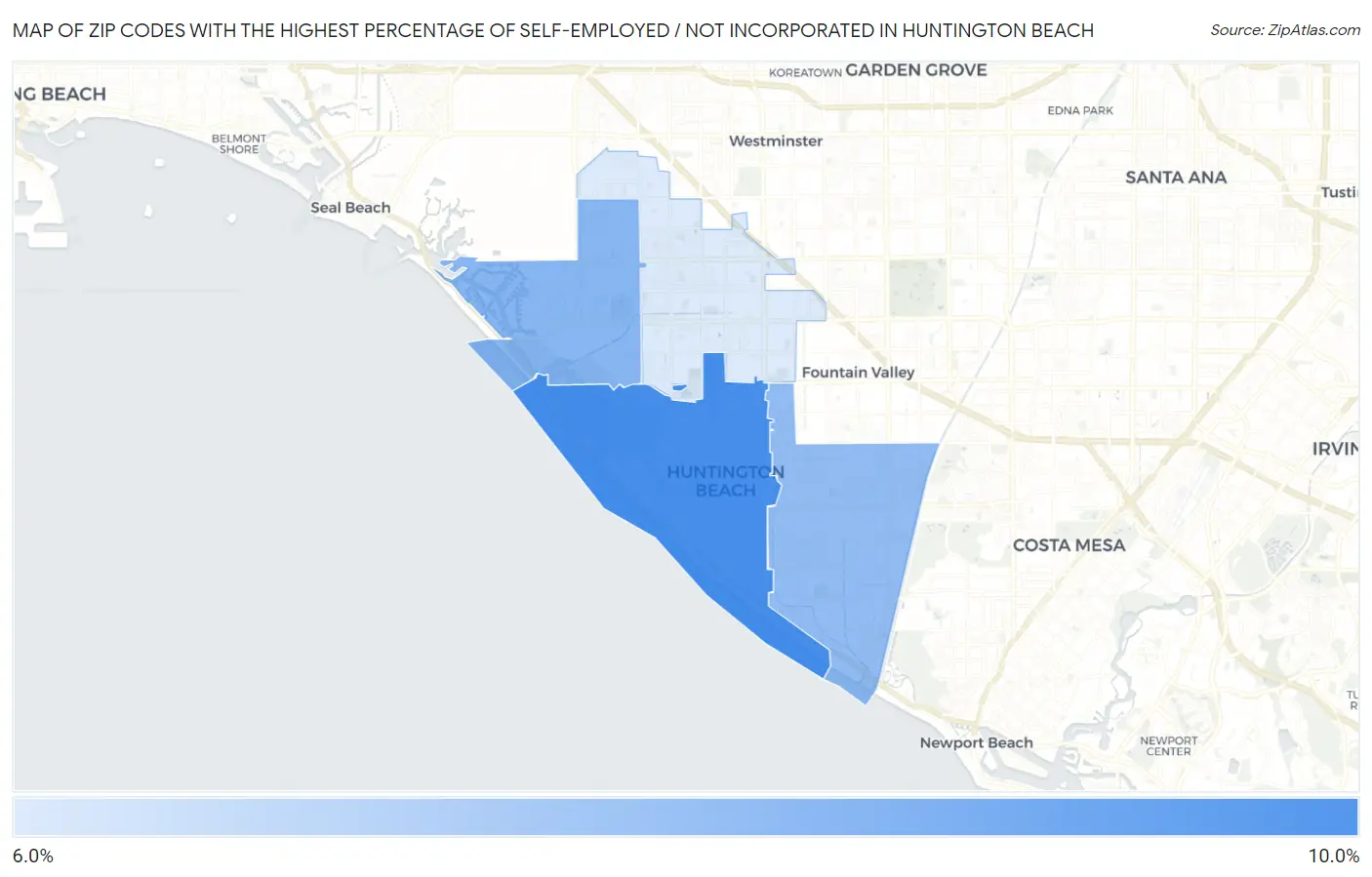 Zip Codes with the Highest Percentage of Self-Employed / Not Incorporated in Huntington Beach Map