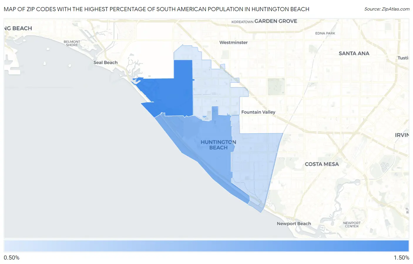 Zip Codes with the Highest Percentage of South American Population in Huntington Beach Map