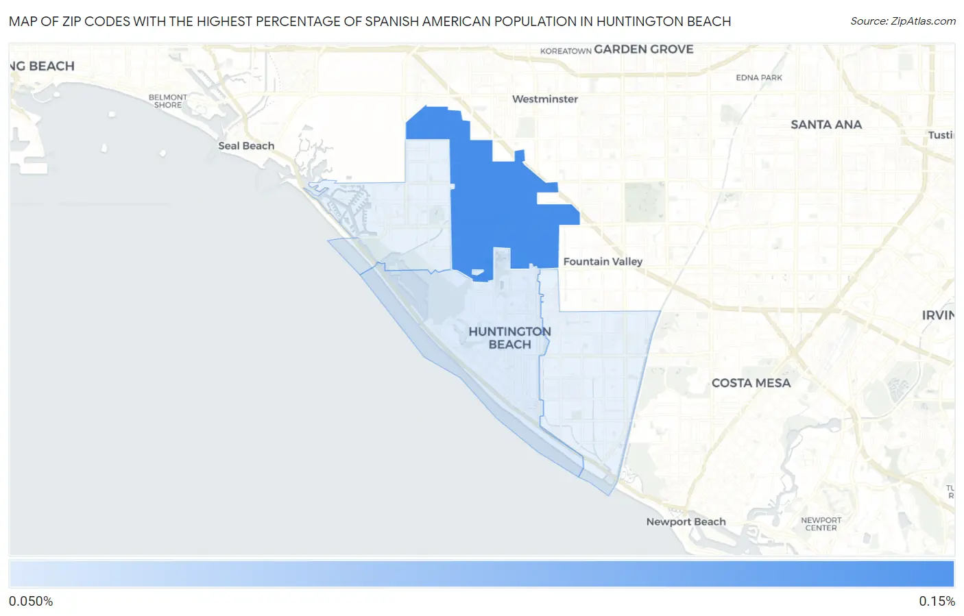 Zip Codes with the Highest Percentage of Spanish American Population in Huntington Beach Map