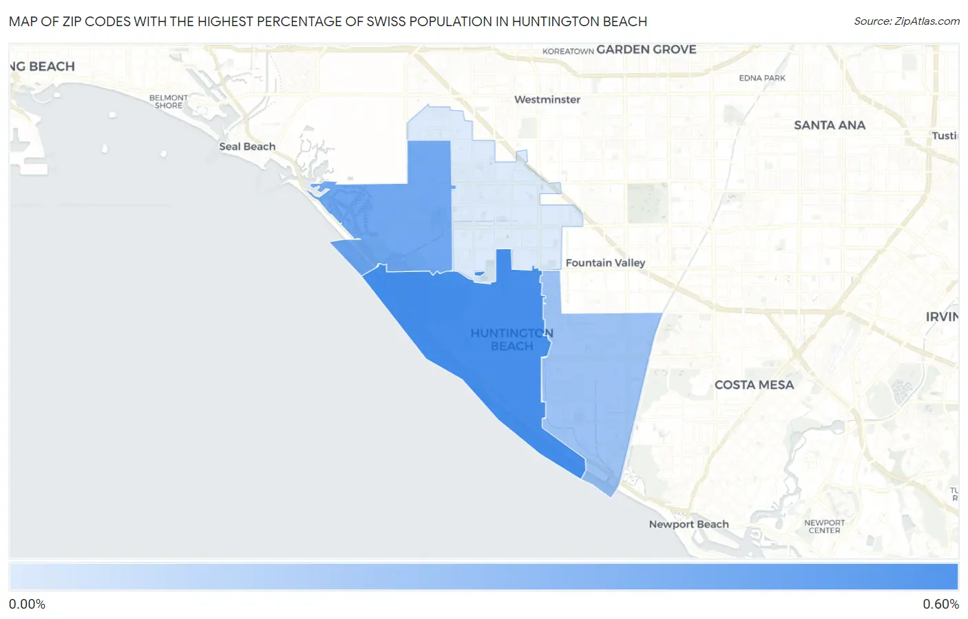 Zip Codes with the Highest Percentage of Swiss Population in Huntington Beach Map