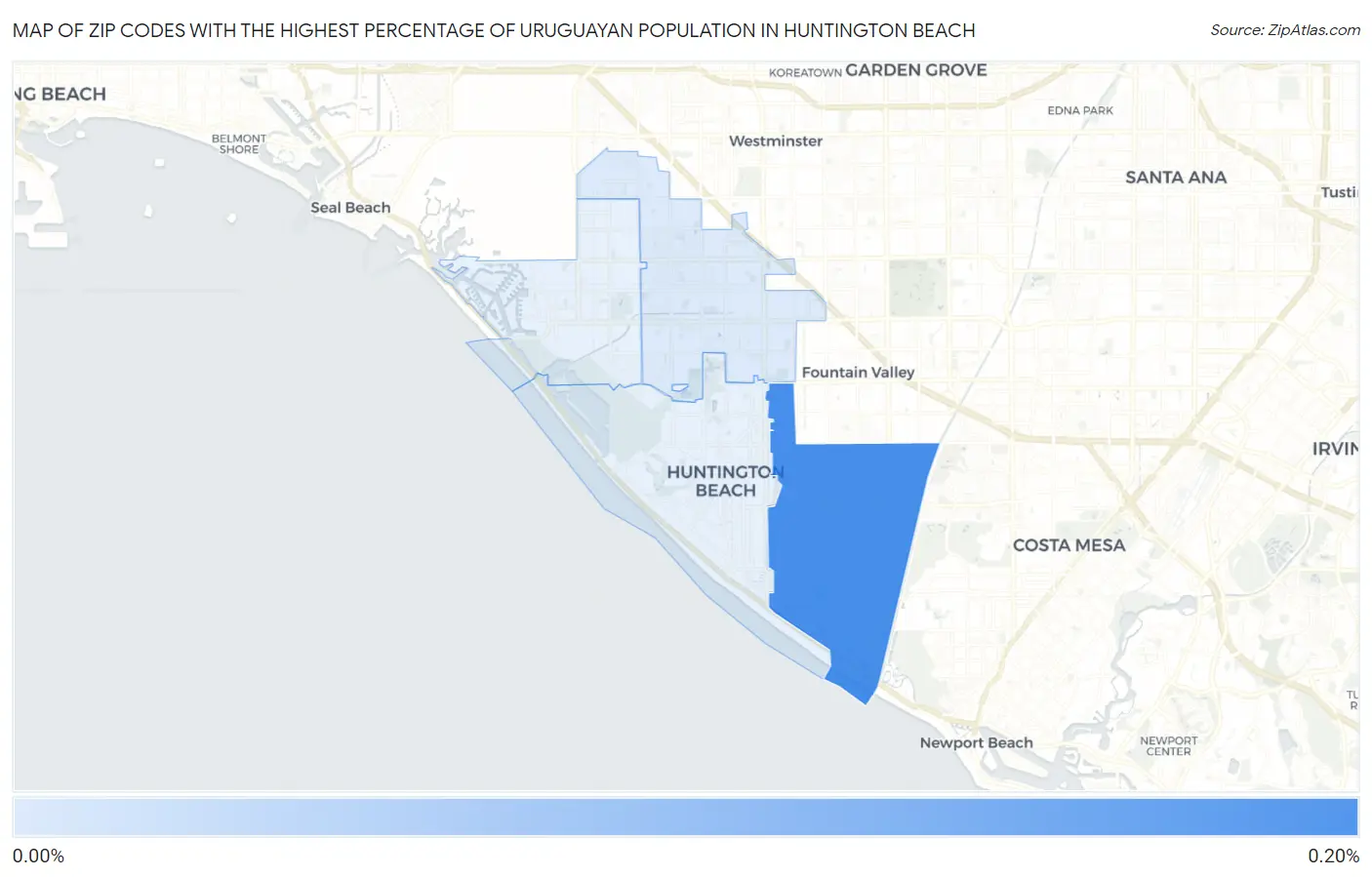 Zip Codes with the Highest Percentage of Uruguayan Population in Huntington Beach Map