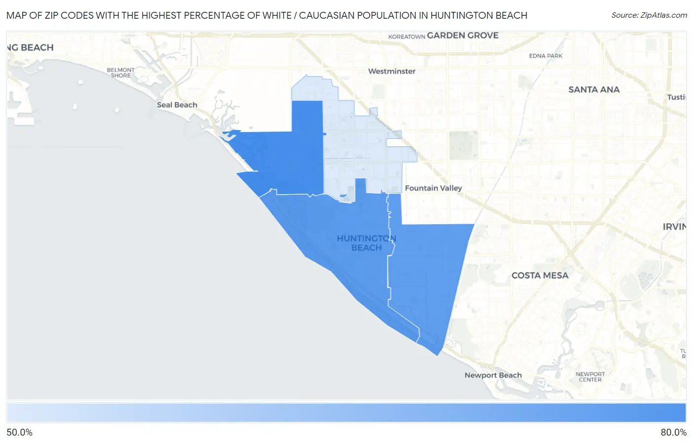 Zip Codes with the Highest Percentage of White / Caucasian Population in Huntington Beach Map