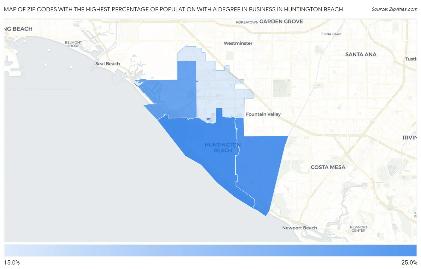 Zip Codes with the Highest Percentage of Population with a Degree in Business in Huntington Beach Map