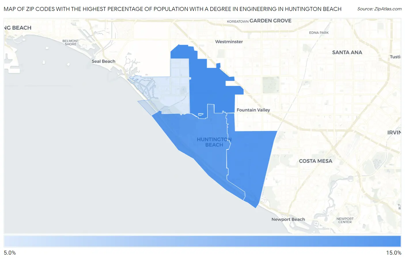 Zip Codes with the Highest Percentage of Population with a Degree in Engineering in Huntington Beach Map