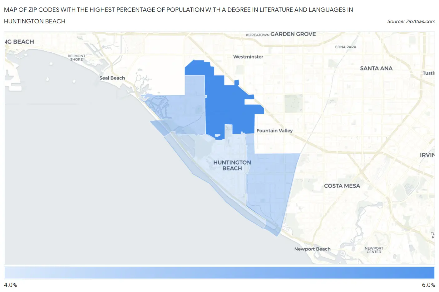 Zip Codes with the Highest Percentage of Population with a Degree in Literature and Languages in Huntington Beach Map