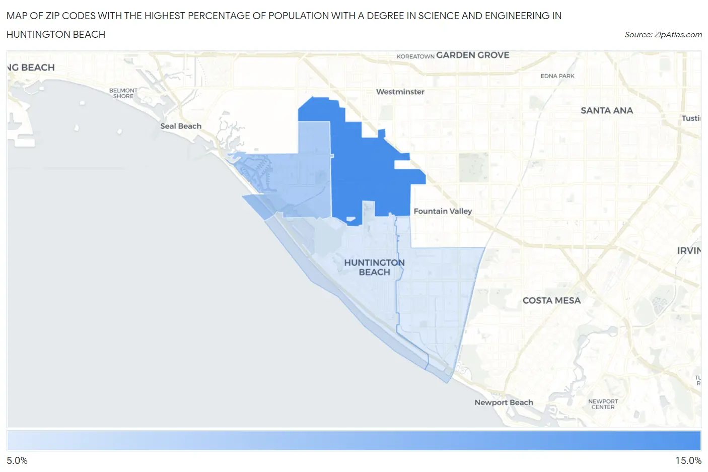 Zip Codes with the Highest Percentage of Population with a Degree in Science and Engineering in Huntington Beach Map