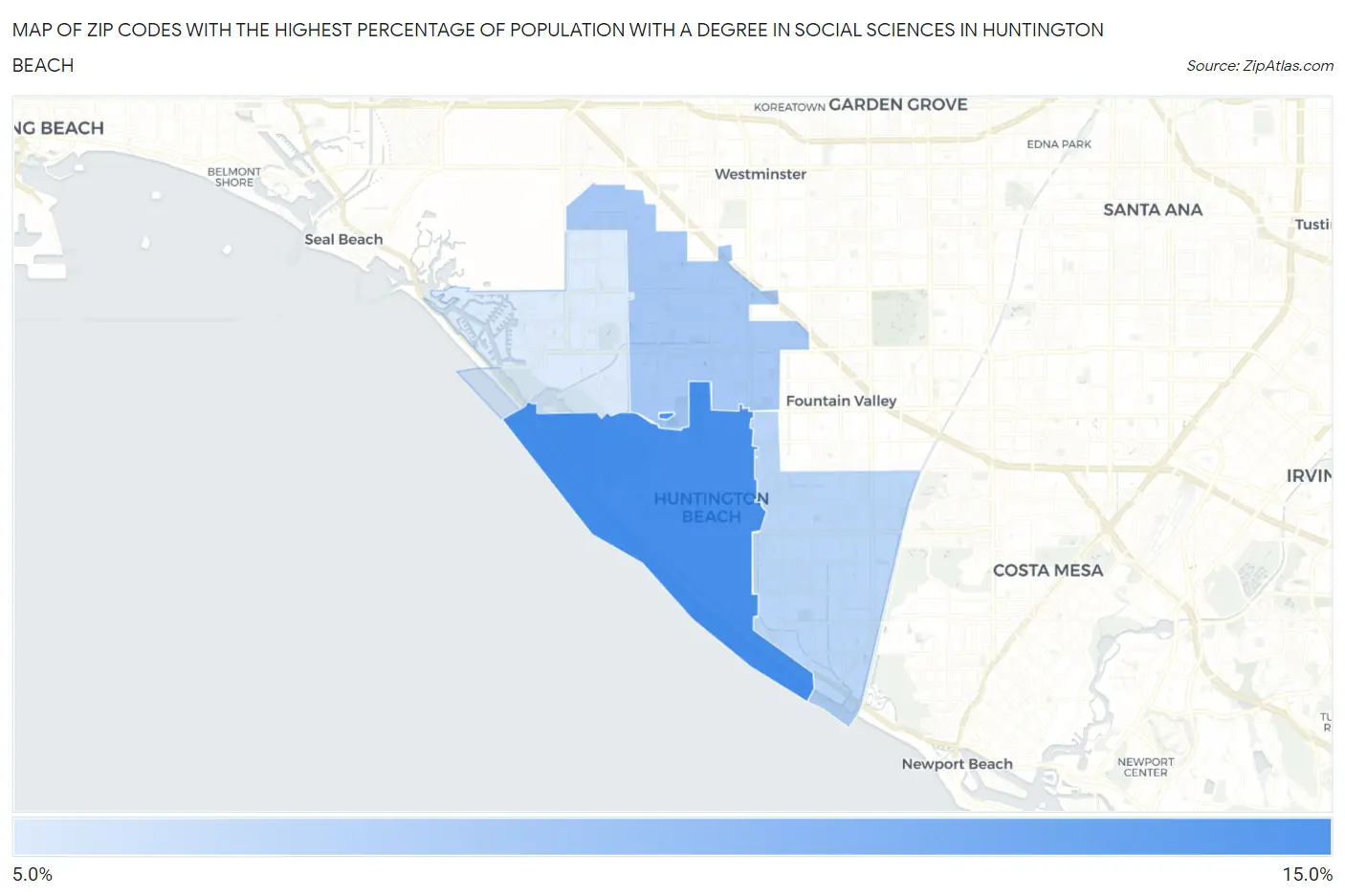 Zip Codes with the Highest Percentage of Population with a Degree in Social Sciences in Huntington Beach Map