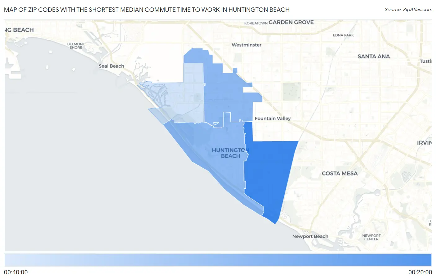 Zip Codes with the Shortest Median Commute Time to Work in Huntington Beach Map