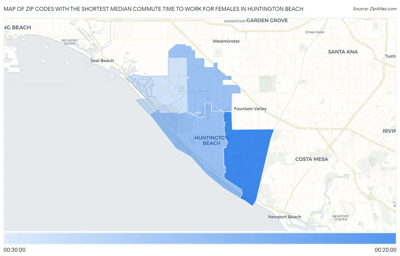 Zip Codes with the Shortest Median Commute Time to Work for Females in Huntington Beach Map