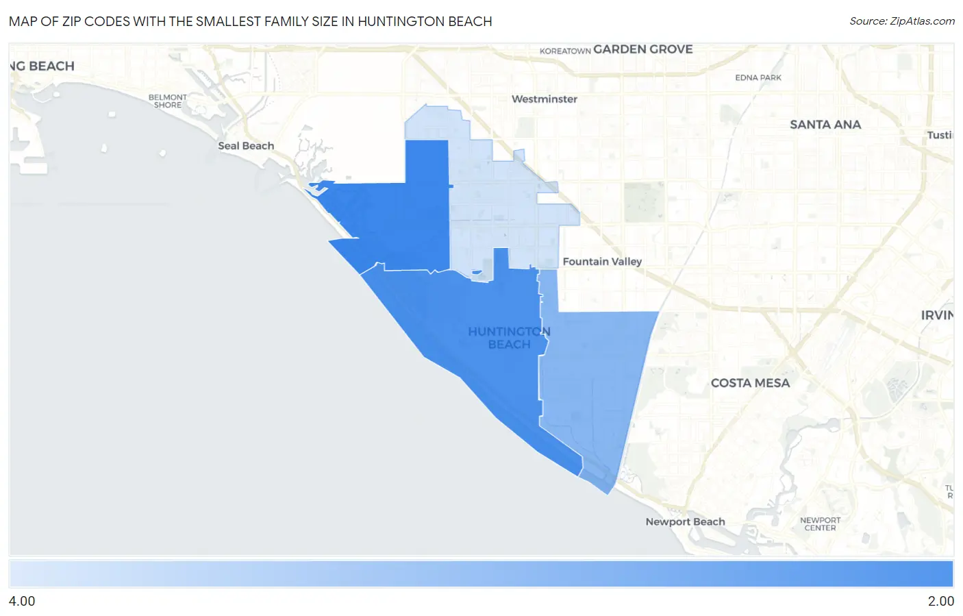 Zip Codes with the Smallest Family Size in Huntington Beach Map