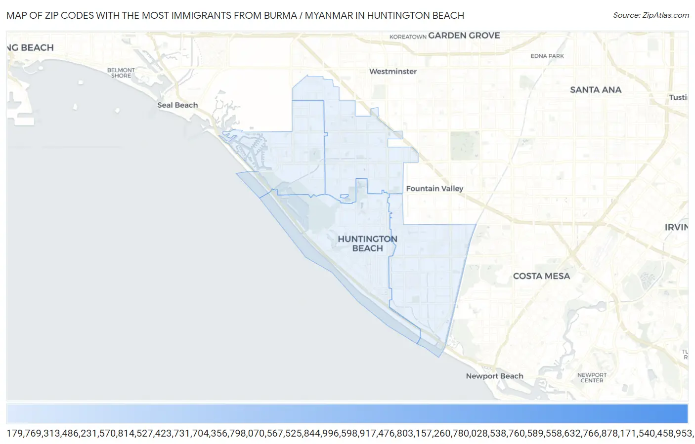 Zip Codes with the Most Immigrants from Burma / Myanmar in Huntington Beach Map