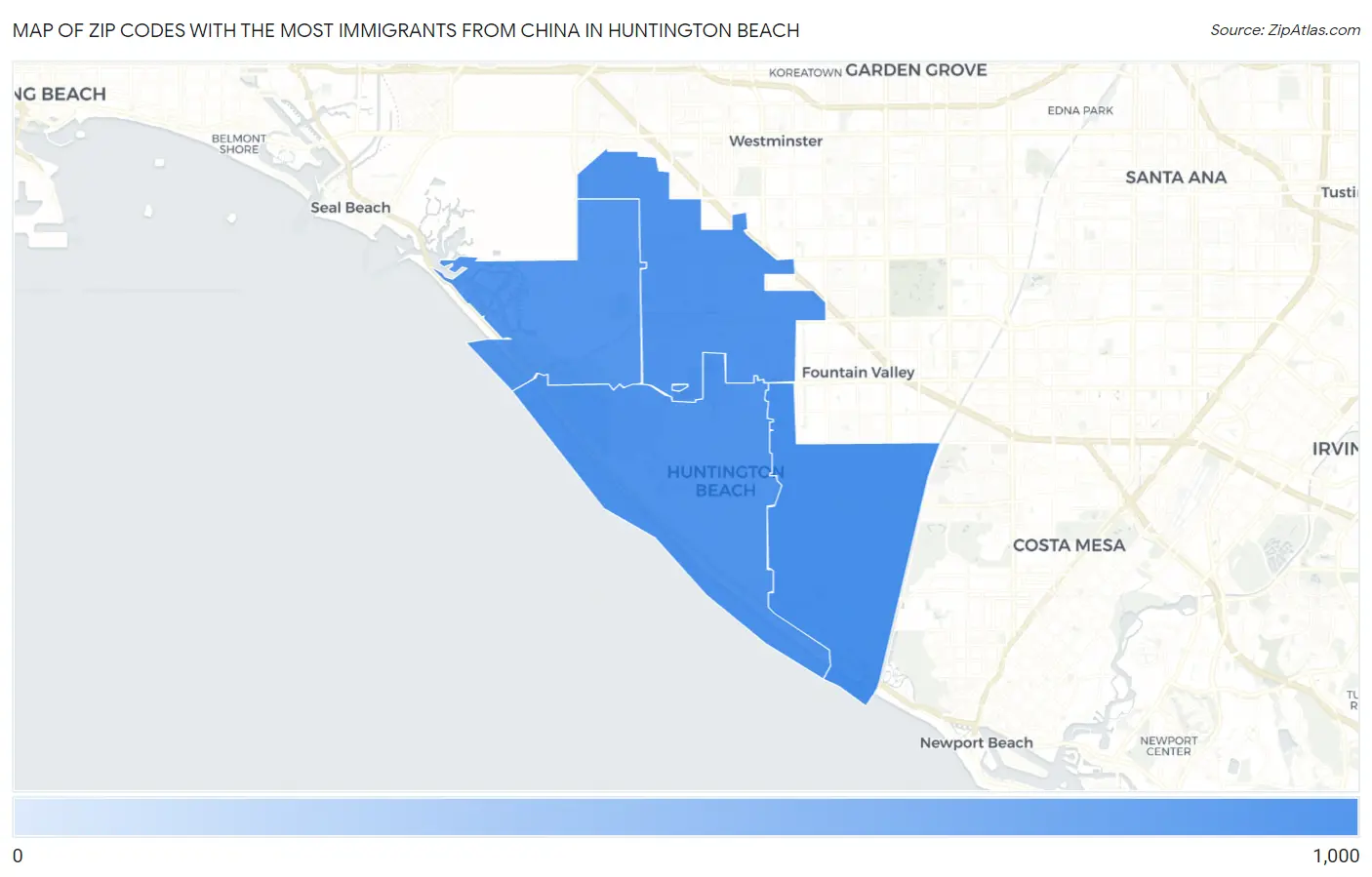 Zip Codes with the Most Immigrants from China in Huntington Beach Map