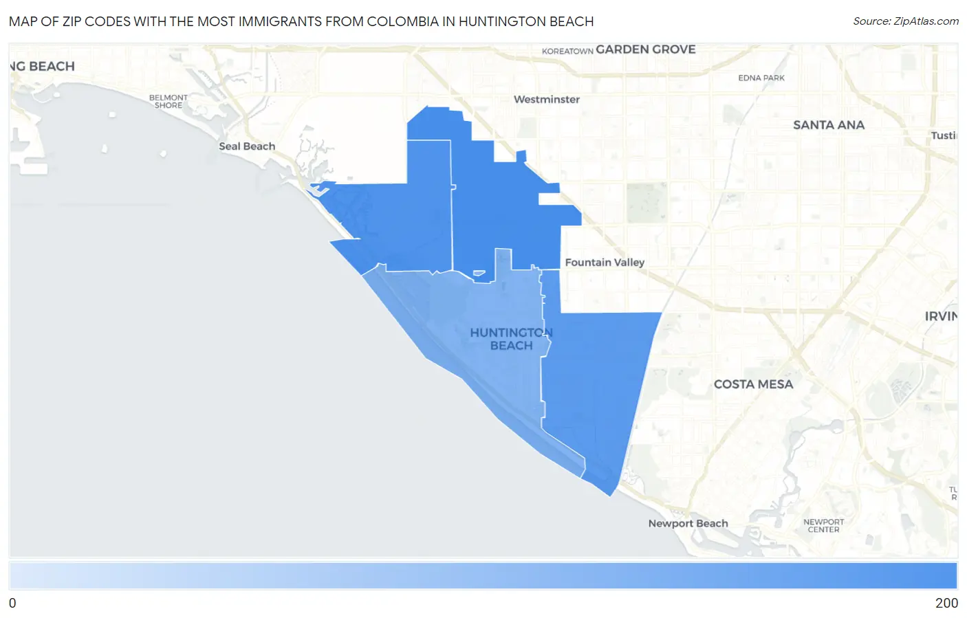 Zip Codes with the Most Immigrants from Colombia in Huntington Beach Map
