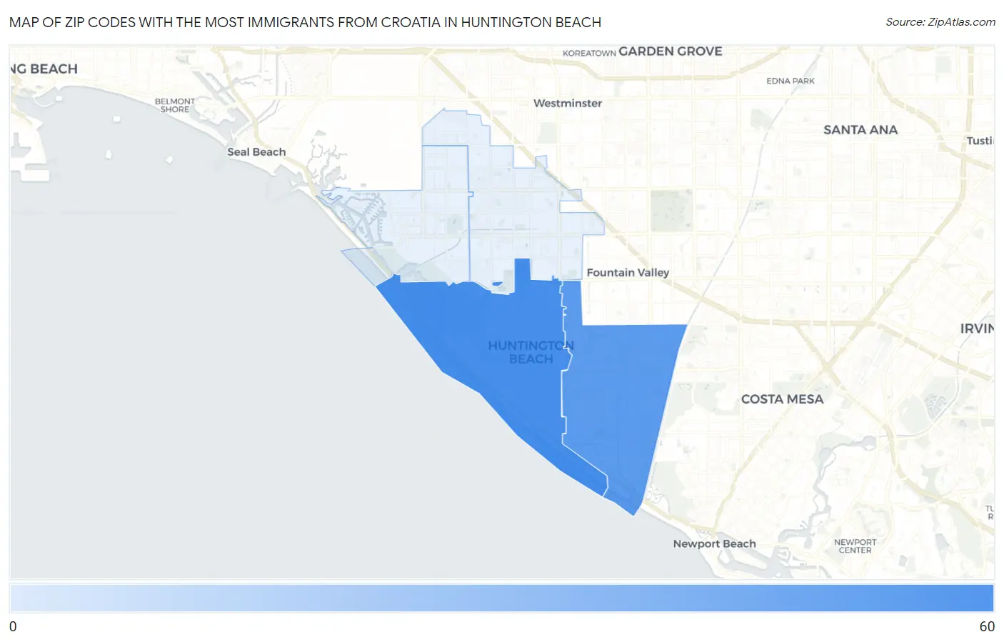 Zip Codes with the Most Immigrants from Croatia in Huntington Beach Map