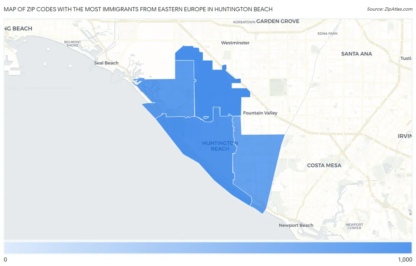 Zip Codes with the Most Immigrants from Eastern Europe in Huntington Beach Map
