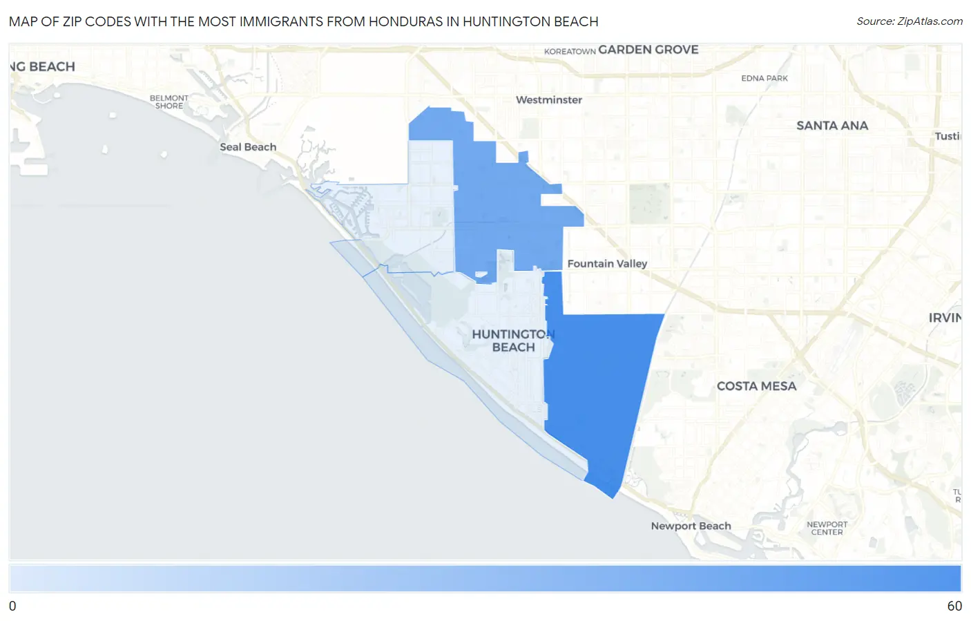 Zip Codes with the Most Immigrants from Honduras in Huntington Beach Map