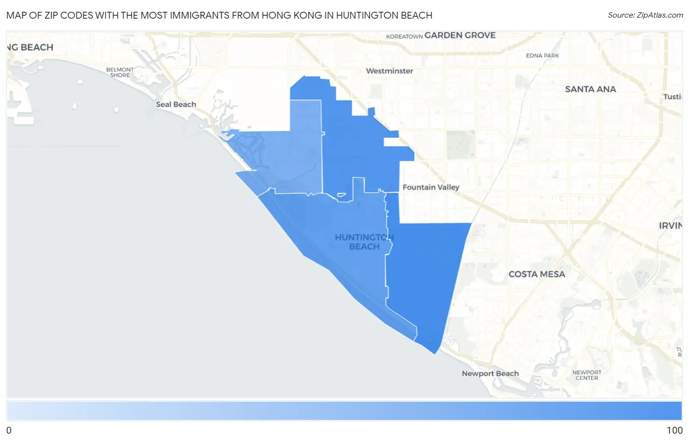 Zip Codes with the Most Immigrants from Hong Kong in Huntington Beach Map