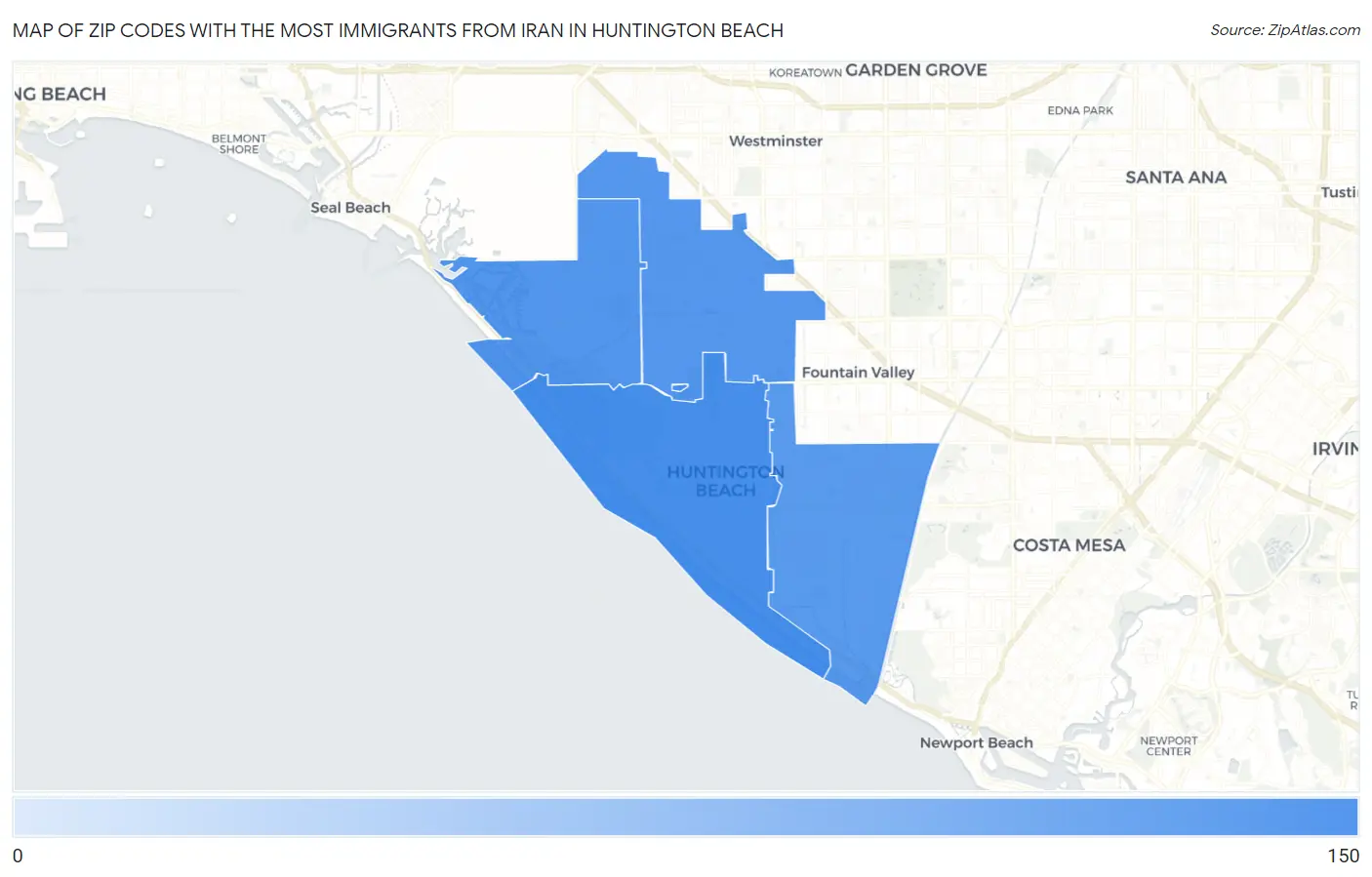 Zip Codes with the Most Immigrants from Iran in Huntington Beach Map