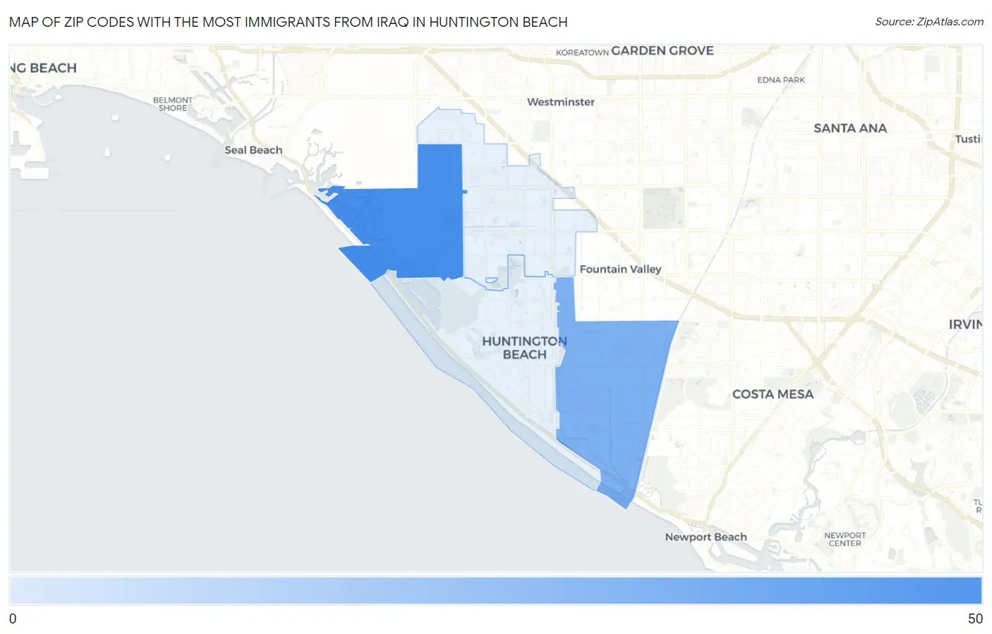 Zip Codes with the Most Immigrants from Iraq in Huntington Beach Map