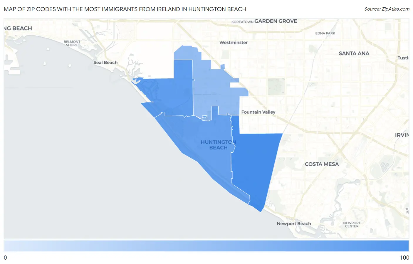 Zip Codes with the Most Immigrants from Ireland in Huntington Beach Map