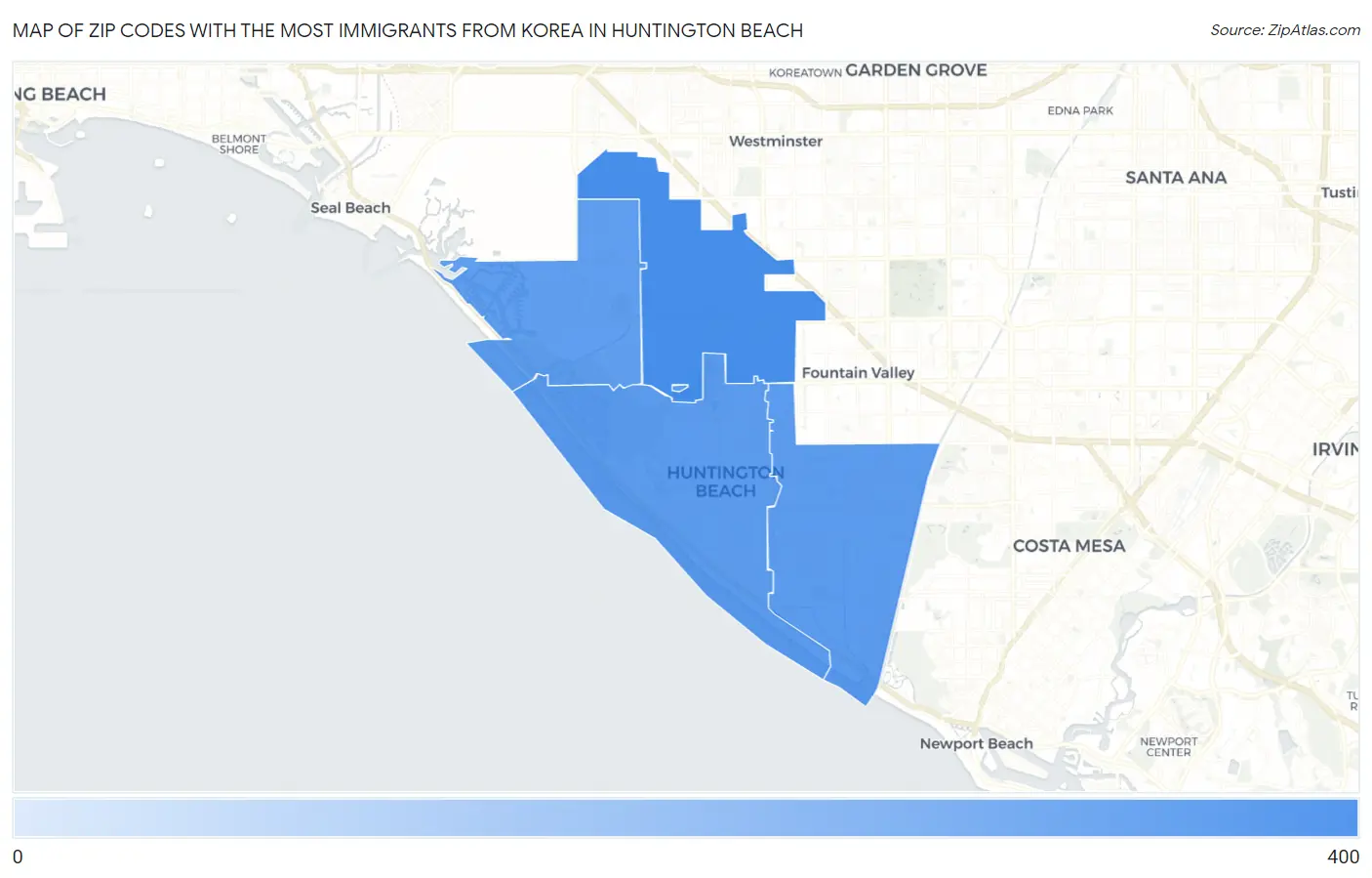 Zip Codes with the Most Immigrants from Korea in Huntington Beach Map
