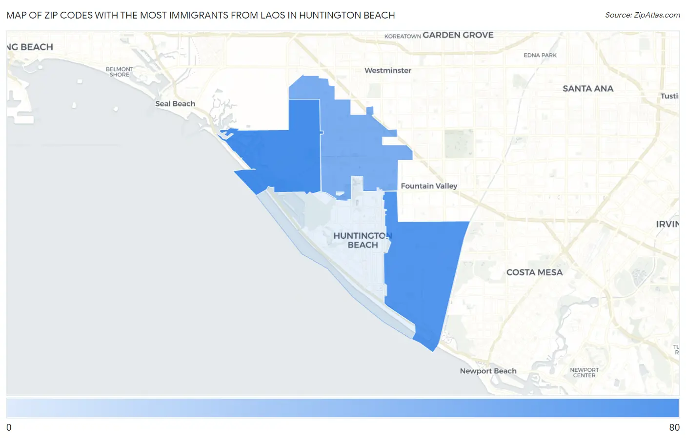 Zip Codes with the Most Immigrants from Laos in Huntington Beach Map