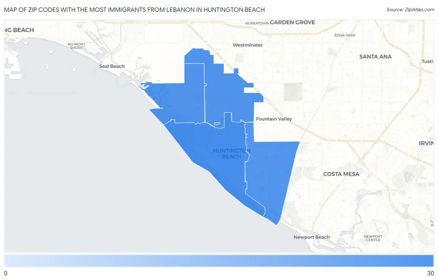 Zip Codes with the Most Immigrants from Lebanon in Huntington Beach Map