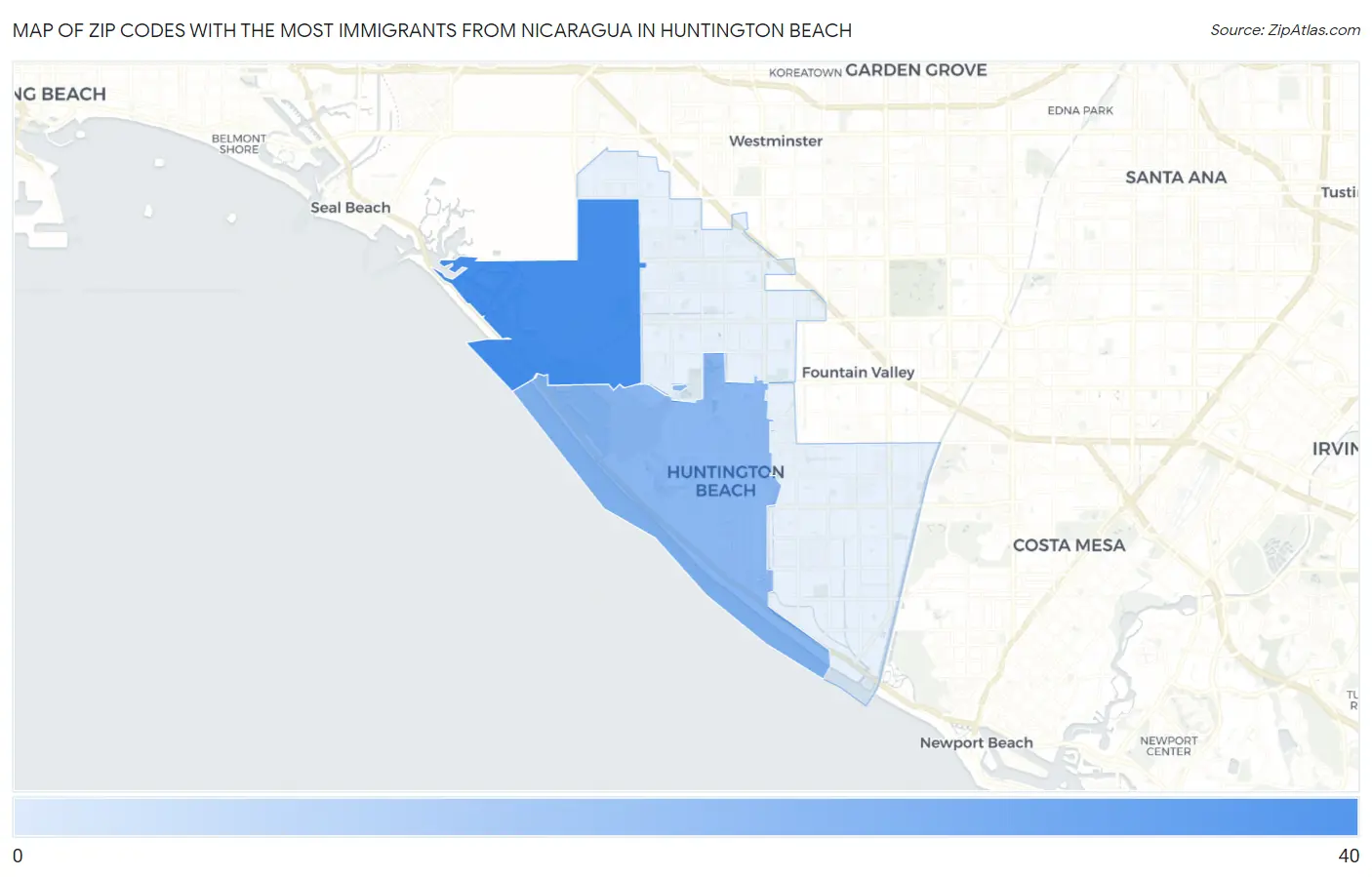 Zip Codes with the Most Immigrants from Nicaragua in Huntington Beach Map