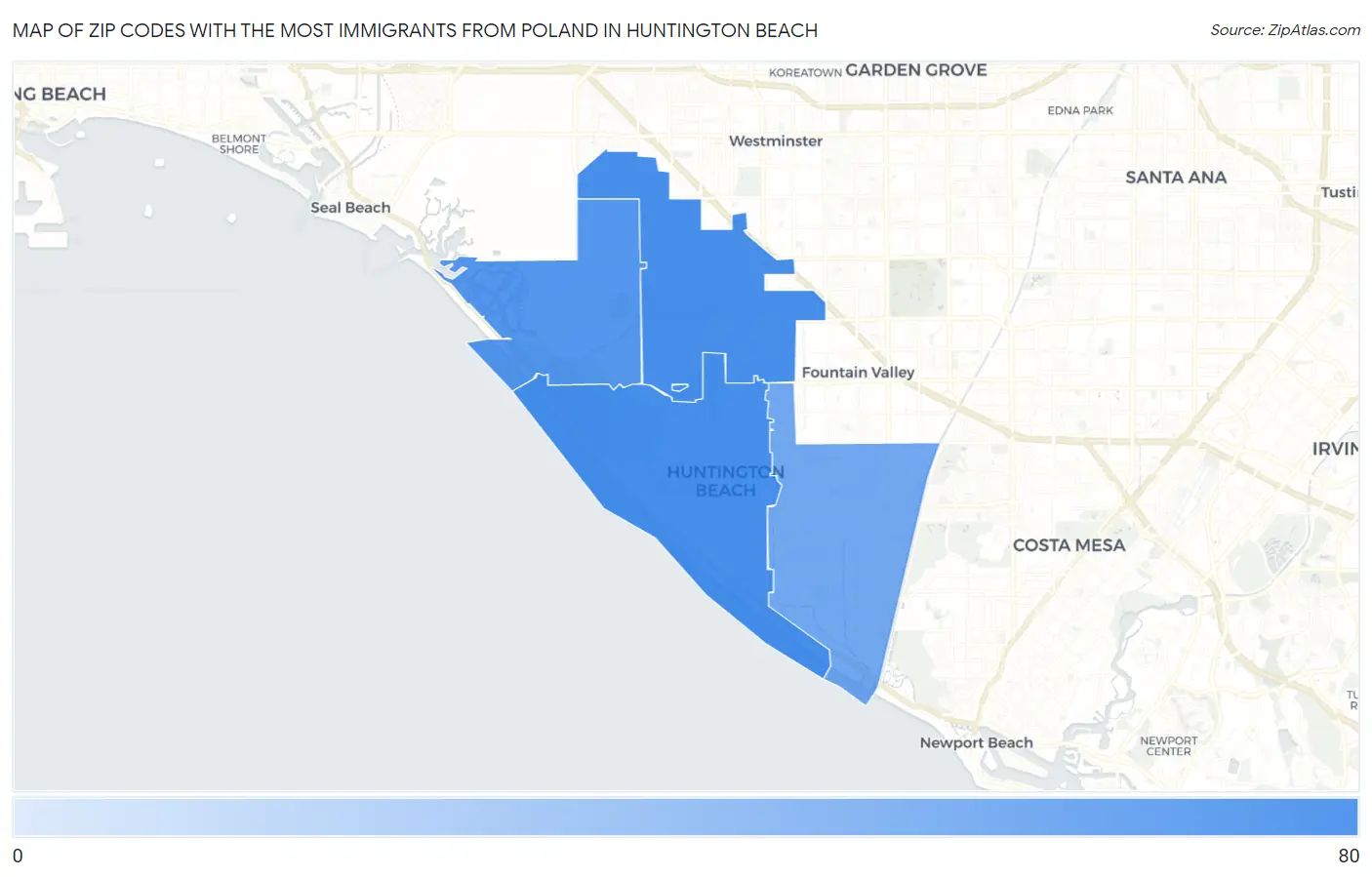 Zip Codes with the Most Immigrants from Poland in Huntington Beach Map